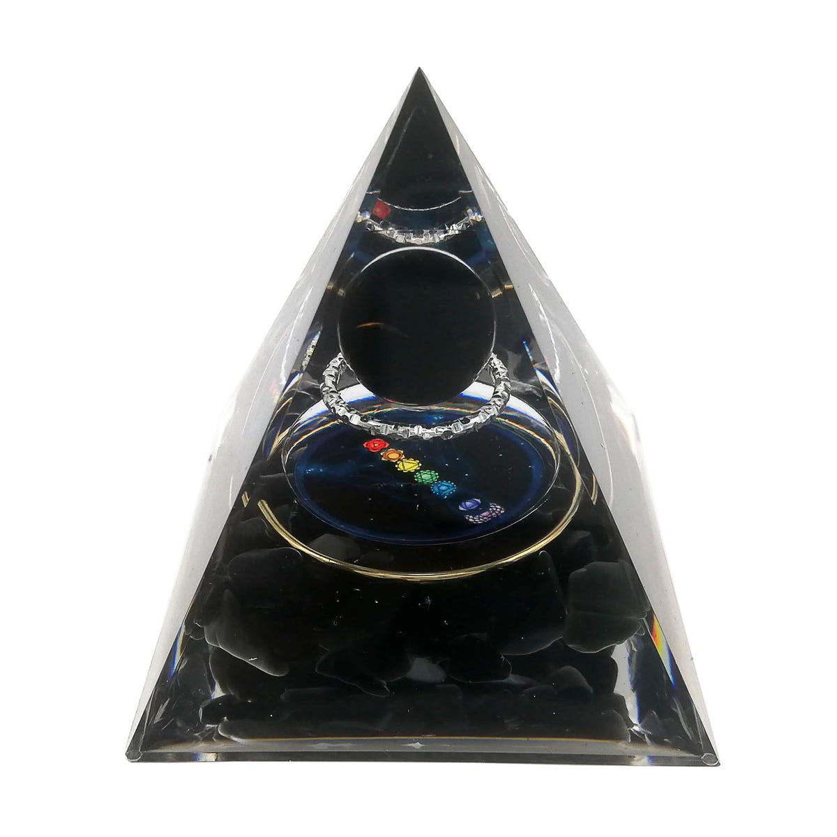 Gosyfeti Orgone Pyramid with obsidian base enhances meditation focus and calm energy.