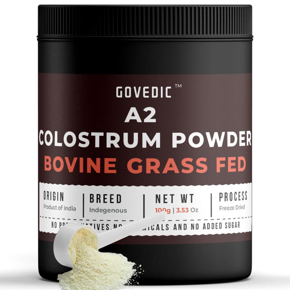 Govedic Colostrum Powder bottle for convenient daily use.