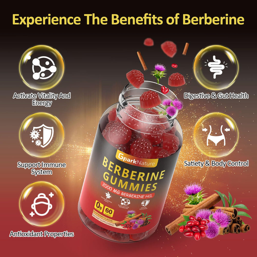 GparkNature Berberine Gummies bottle closeup highlights natural raspberry flavor and sugar-free formula.