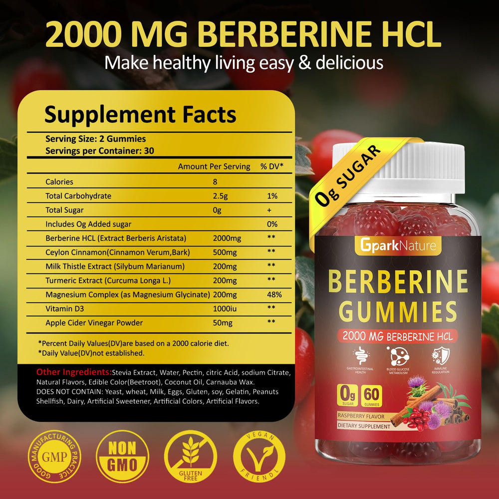 GparkNature Berberine Gummies ingredient pack features berberine, cinnamon, turmeric for energy metabolism.