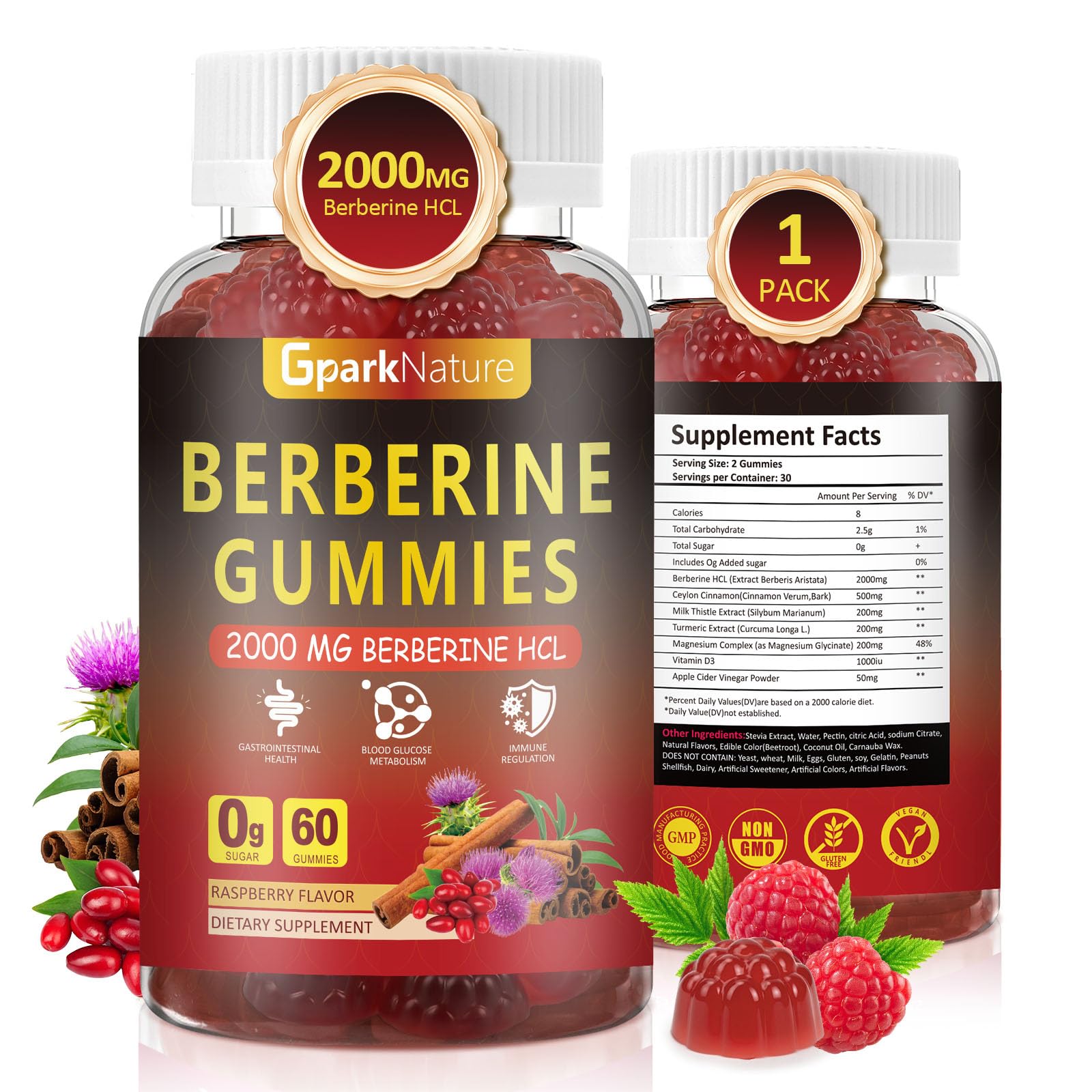 GparkNature Berberine Gummies Raspberry bottle shows vegan, sugar-free wellness on the go.