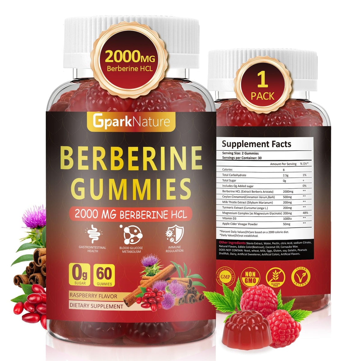 GparkNature Berberine Gummies Raspberry bottle shows vegan, sugar-free wellness on the go.