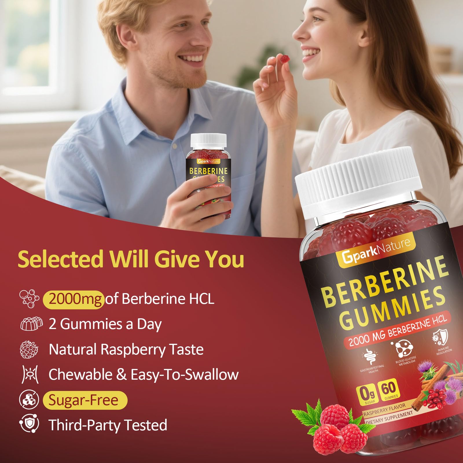 GparkNature Berberine Gummies vegan sugar-free label signals plant-based wellness options.