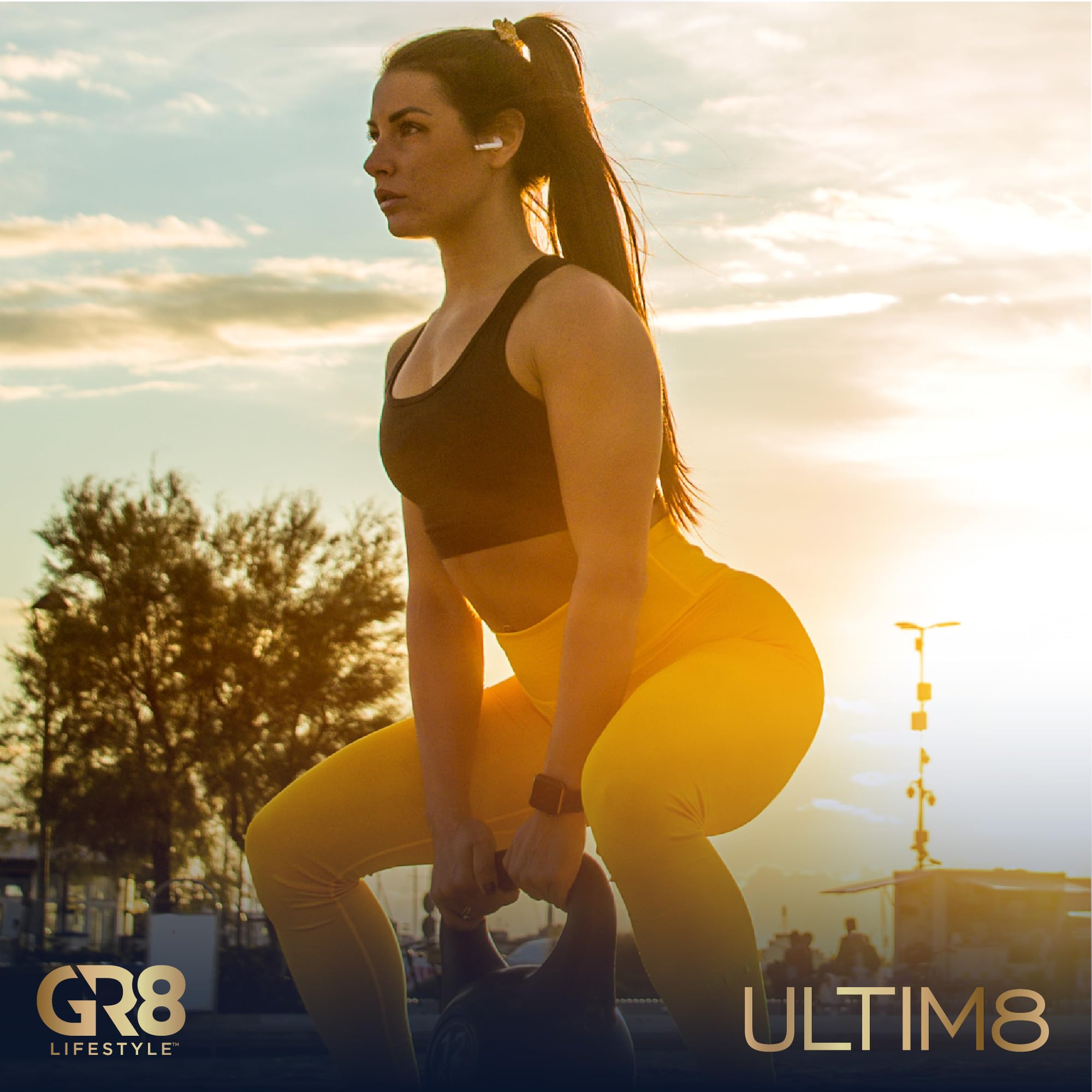 GR8 LIFESTYLE ULTIM8 bottle with glass suggests quick daily fueling.