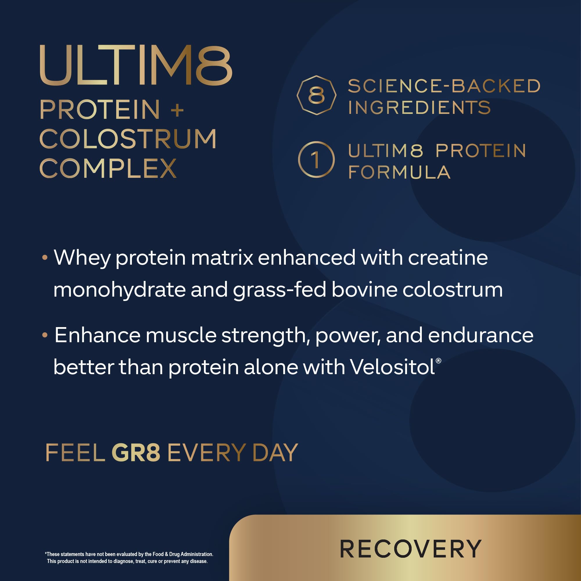 GR8 LIFESTYLE ULTIM8 ingredients panel highlights the multi-source protein blend.