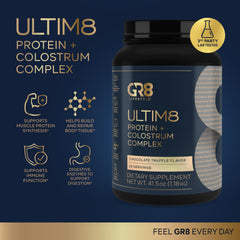 GR8 LIFESTYLE ULTIM8 shake in chocolate demonstrates smooth post-workout nutrition.