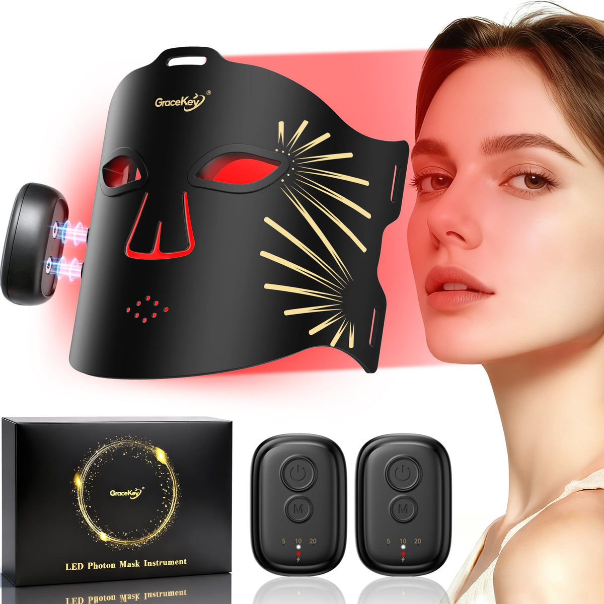 Gracekey red light therapy mask on face for at-home rejuvenation and warmth