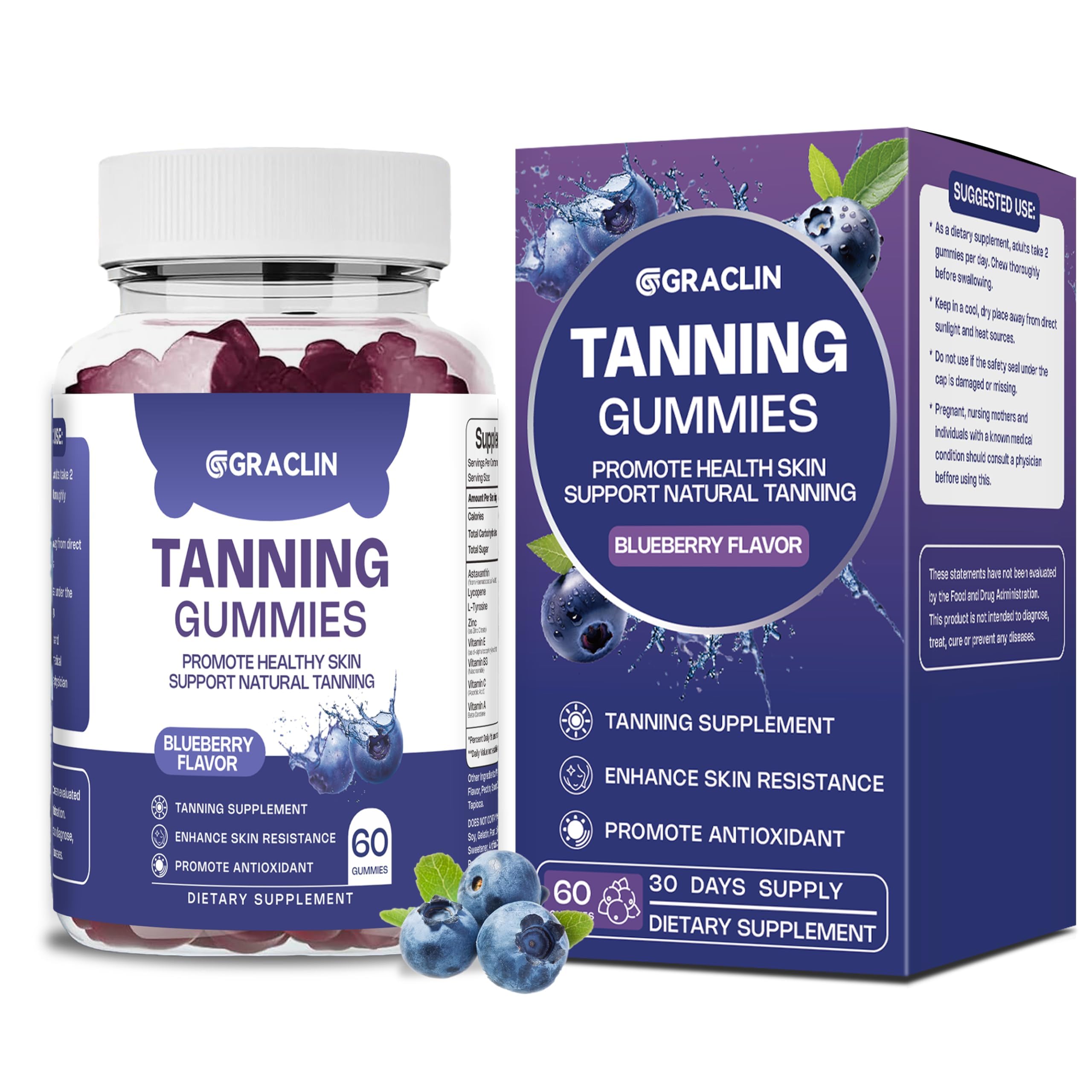 Graclin Tanning Gummies blueberry flavor bottle inviting a natural glow from within.