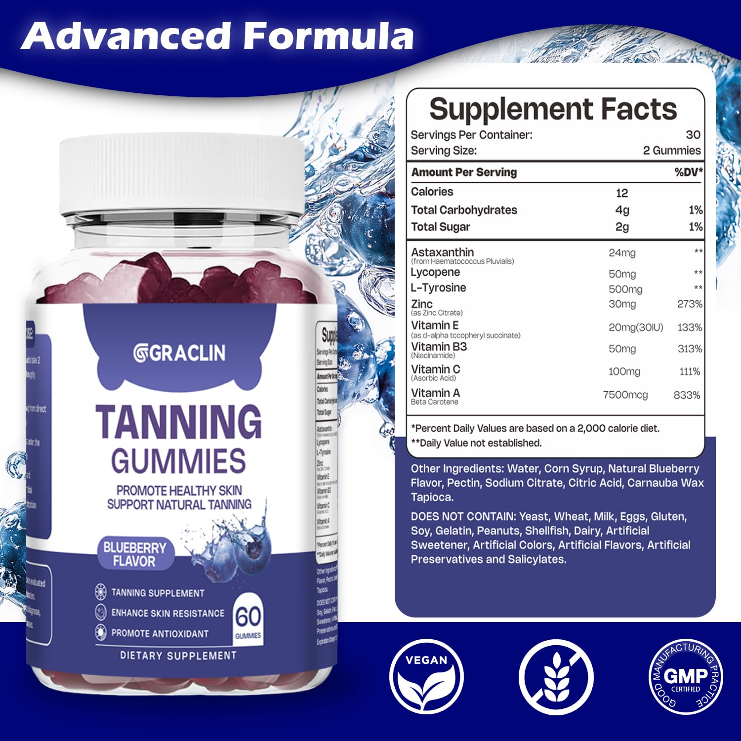Graclin Tanning Gummies GMP-certified facility seal signals quality control.
