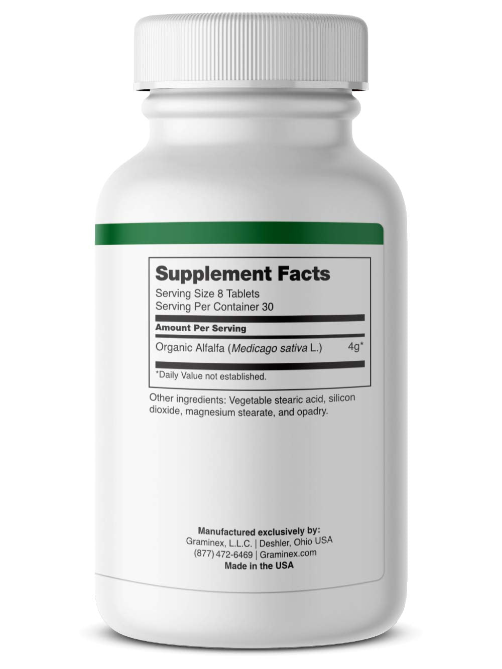 Graminex alfalfa tablets bottle closeup shows vitamins and minerals for daily vitality