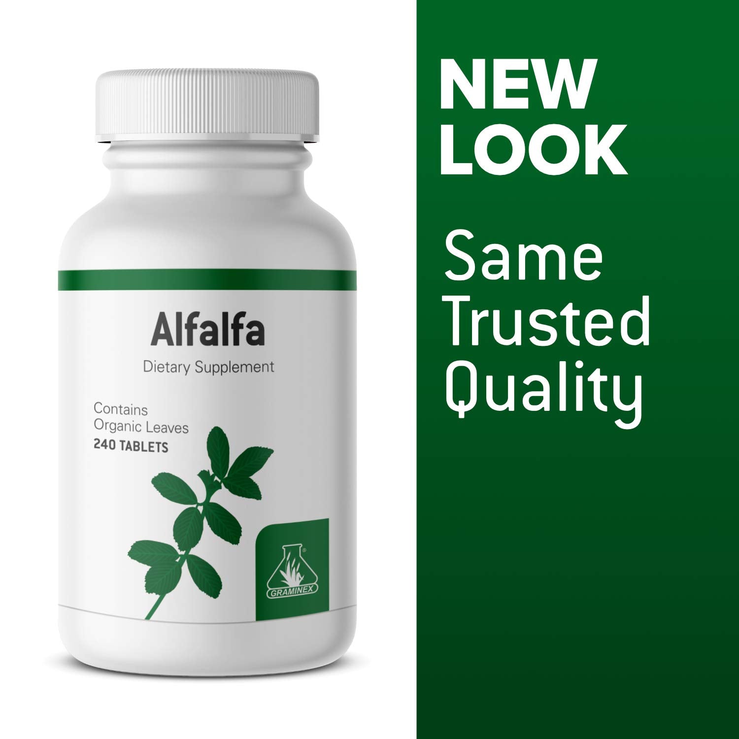 Graminex alfalfa tablets label and ingredients feature non-GMO and no artificial colors