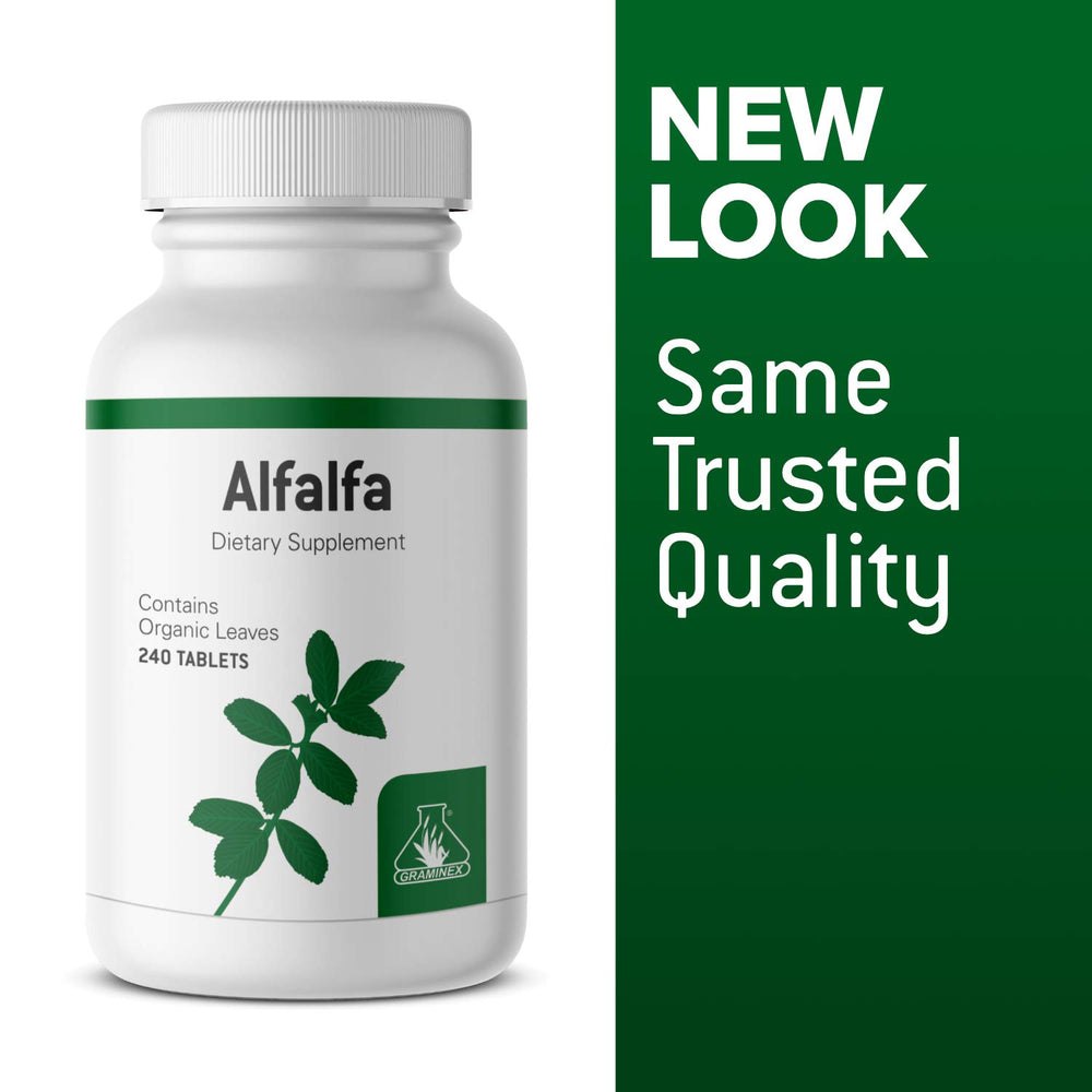Graminex alfalfa tablets label and ingredients feature non-GMO and no artificial colors