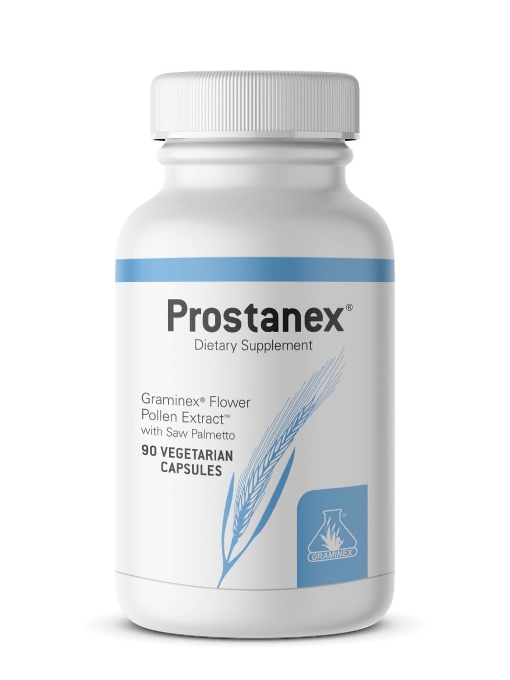 Graminex Prostanex bottle for daily prostate support with easy-to-swallow capsules.