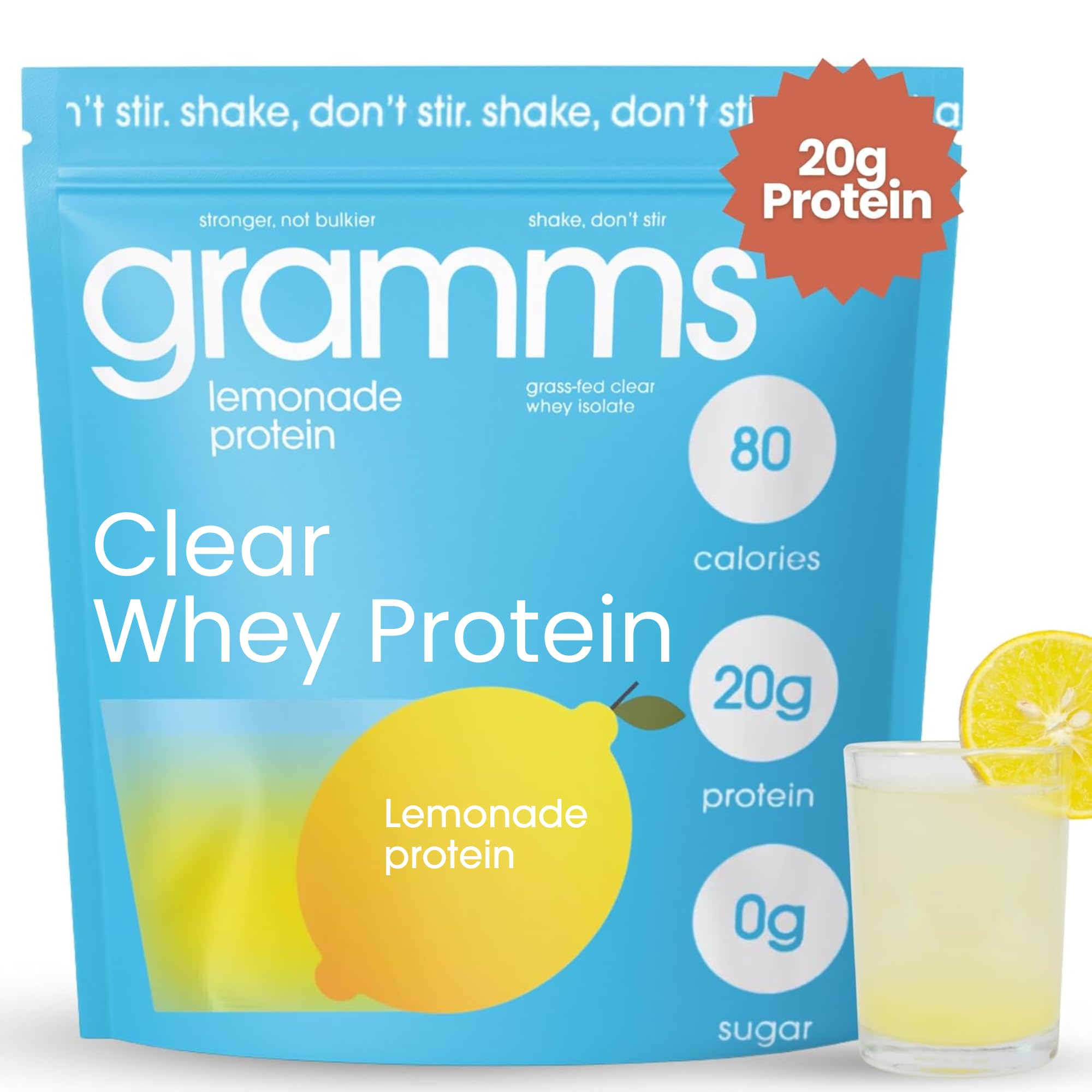 GRAMMS Clear Protein Powder bottle with lemonade flavor showing refreshing 20g protein