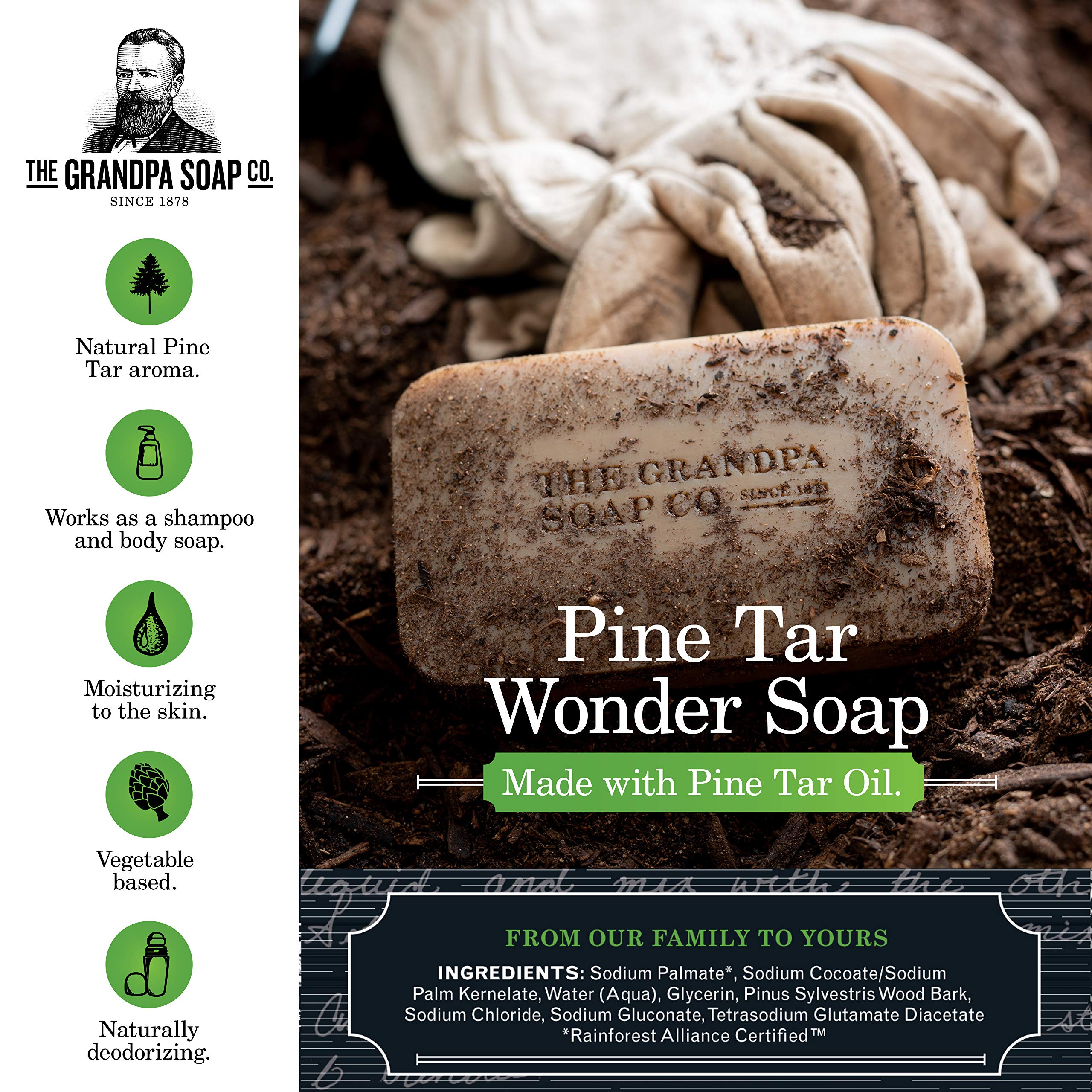 The Grandpa Soap Company pine tar soap in rich lather for daily grooming.