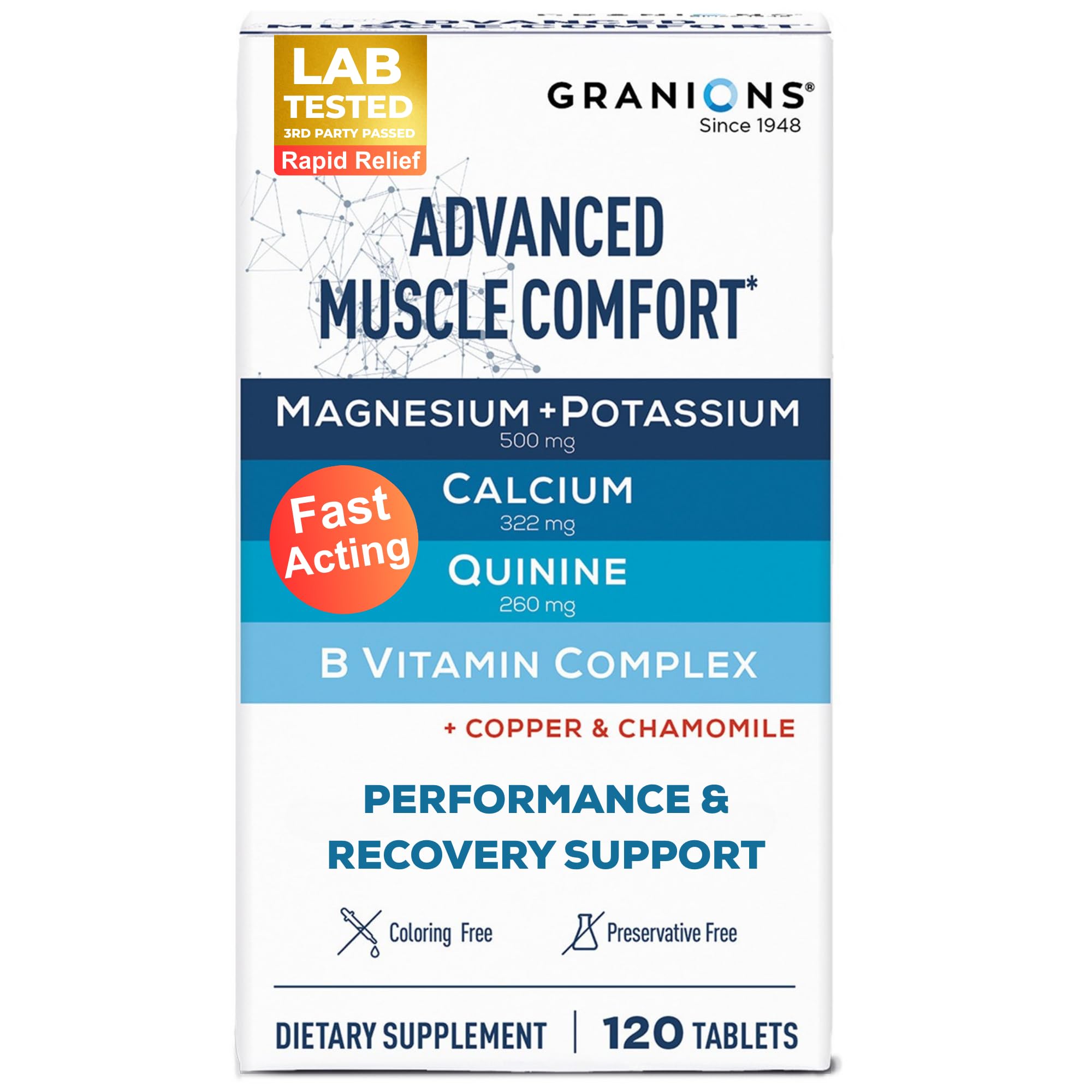 Granions Advanced Muscle Comfort bottle shown for daily support and easy swallowing.