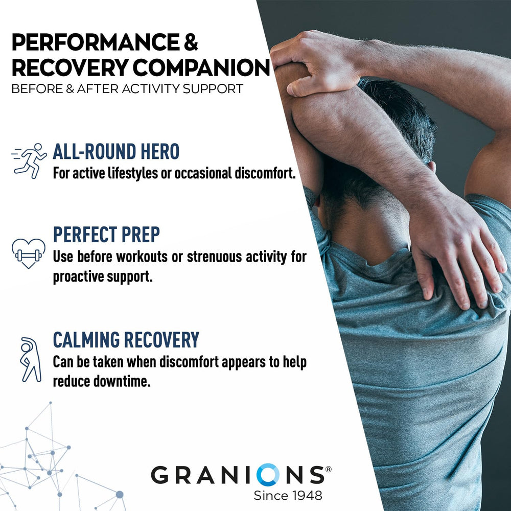 Granions Advanced Muscle Comfort chamomile ingredient highlighted for calming moments.
