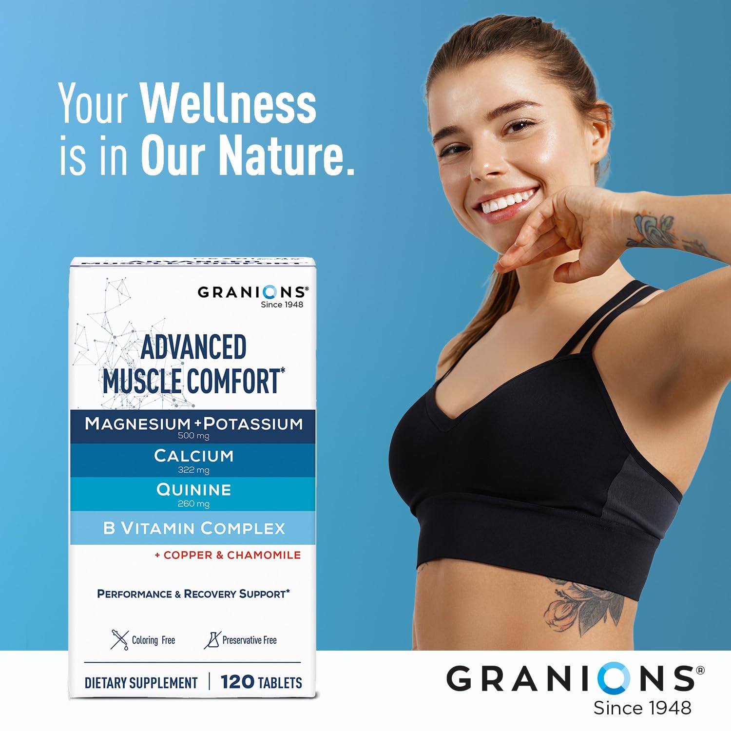Granions Advanced Muscle Comfort CoQ10 and red vine extract for antioxidant support.