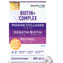 Granions Biotin Collagen Keratin tablets front view highlighting hair and nail support.