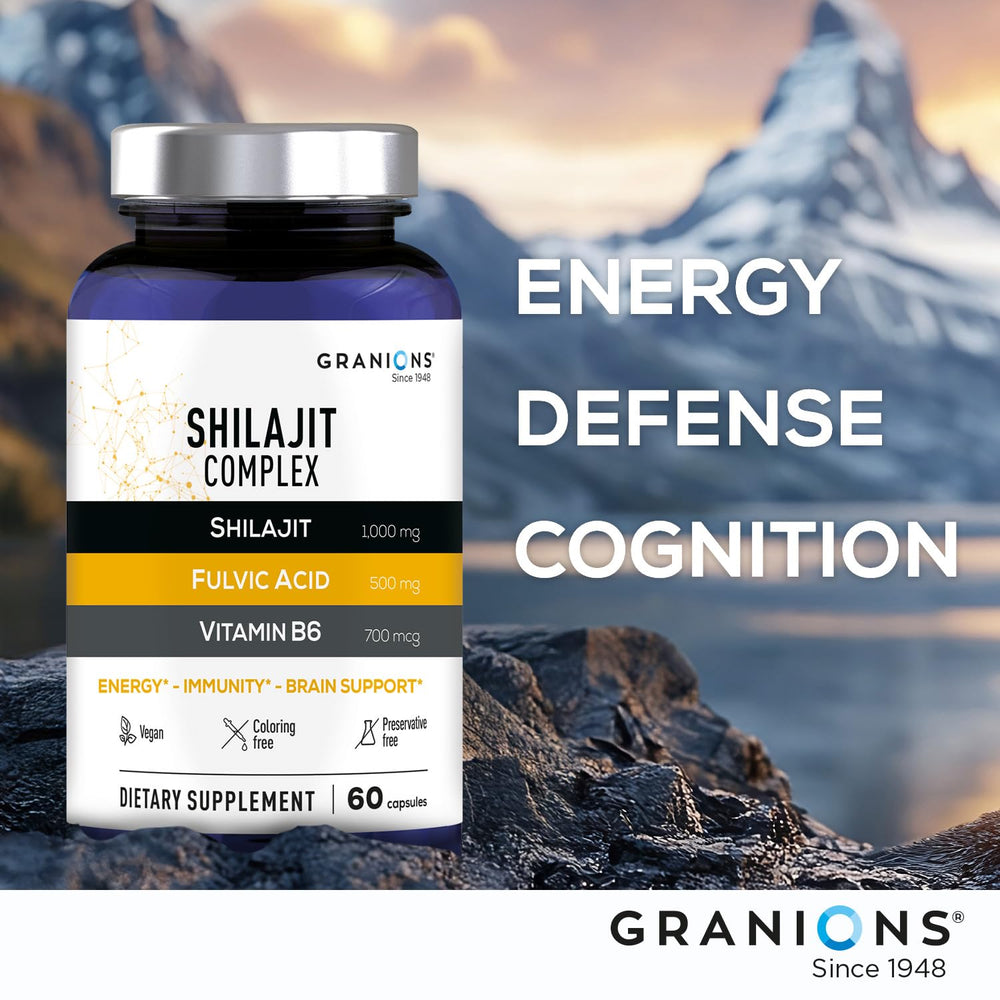 Granions brain immune support shilajit capsules promoting focus and balance.