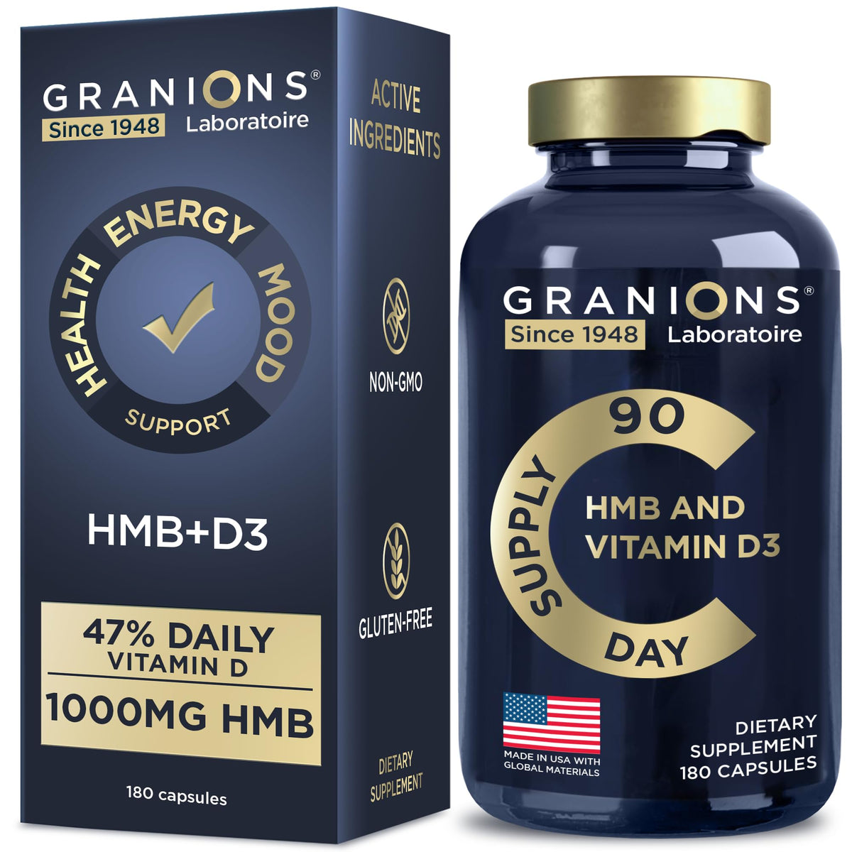 Granions D3 HMB capsules bottle front, ready for daily muscle support.