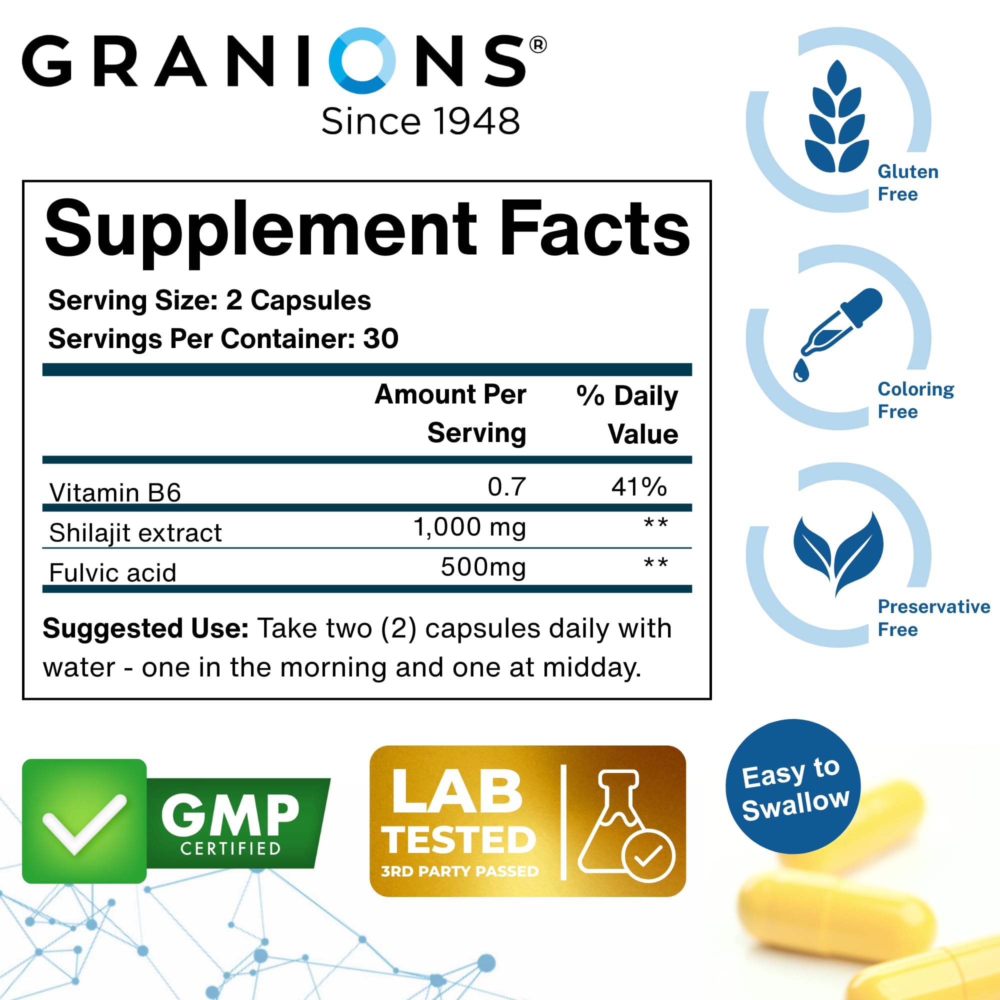 Granions energy stamina focus shilajit capsules suitable for active days.