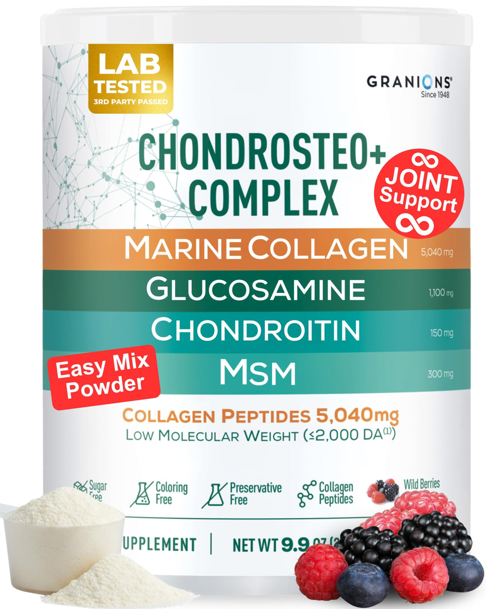 Granions Glucosamine Chondroitin MSM Powder bottle with wild berry for daily joint comfort.