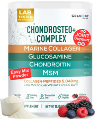 Granions Glucosamine Chondroitin MSM Powder bottle with wild berry for daily joint comfort.