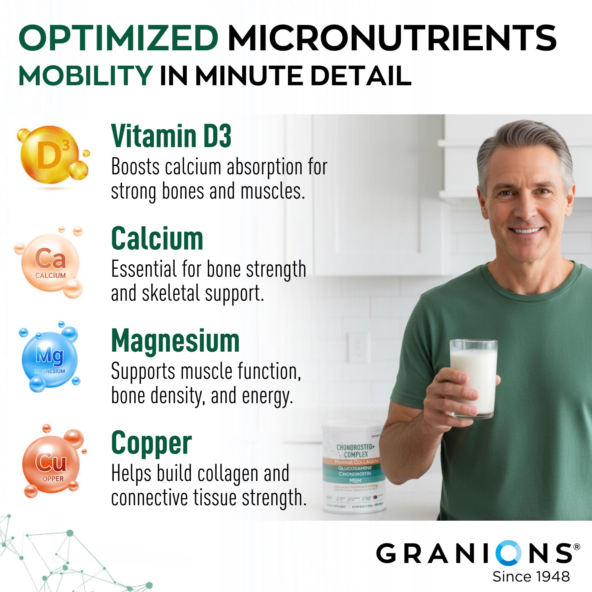 Granions Glucosamine Chondroitin MSM Powder being poured into water for easy mixing.