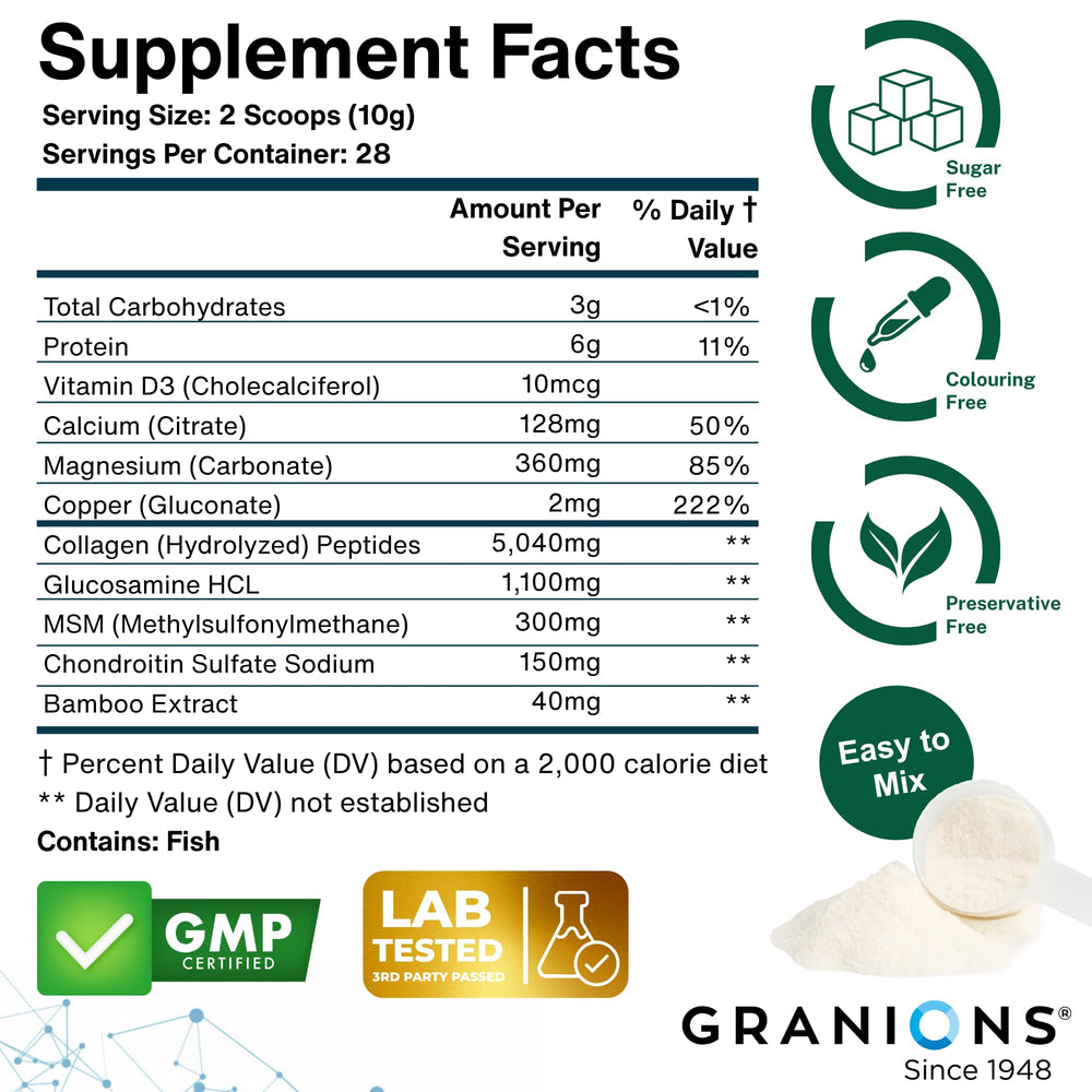 Granions Glucosamine Chondroitin MSM Powder bottle label closeup shows clean formula.