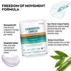 Granions Glucosamine Chondroitin MSM Powder scoop beside a glass of wild berry drink.
