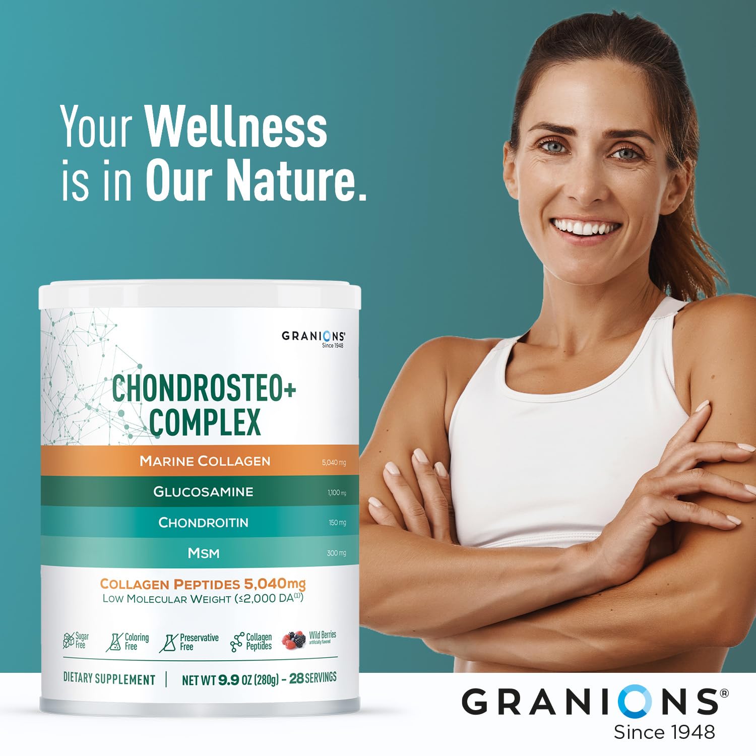 Granions Glucosamine Chondroitin MSM Powder with vitamins and minerals in a blend.