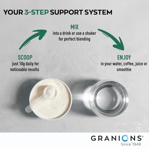 Granions Glucosamine Chondroitin MSM Powder wild berry blend on kitchen counter.