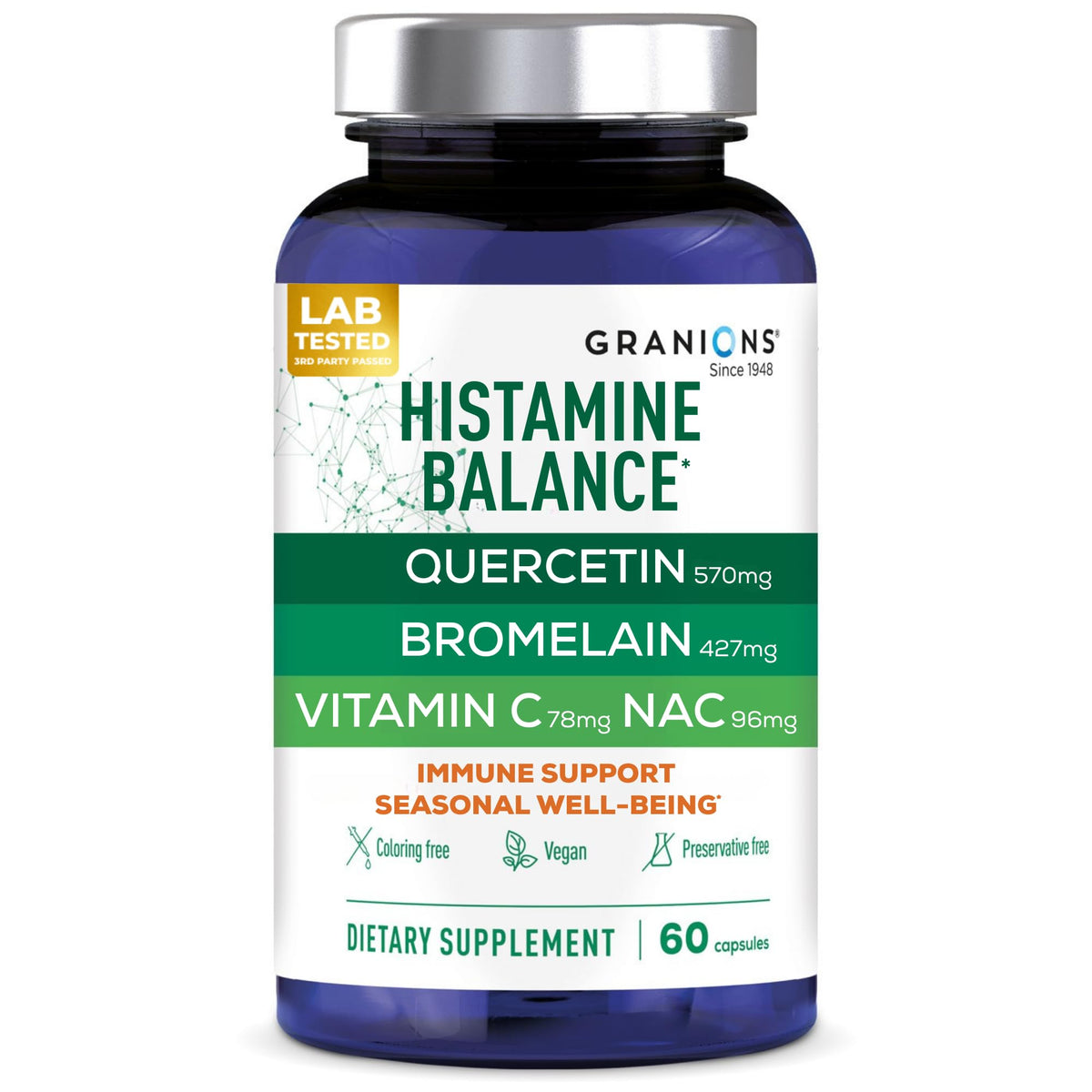 Granions Histamine Balance capsules close-up, vegan formula for seasonal comfort