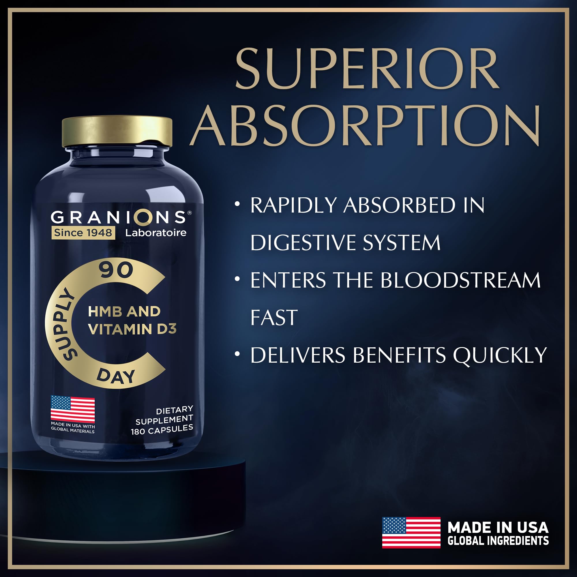 Granions HMB D3 capsules jar back, showing label details and serving information.