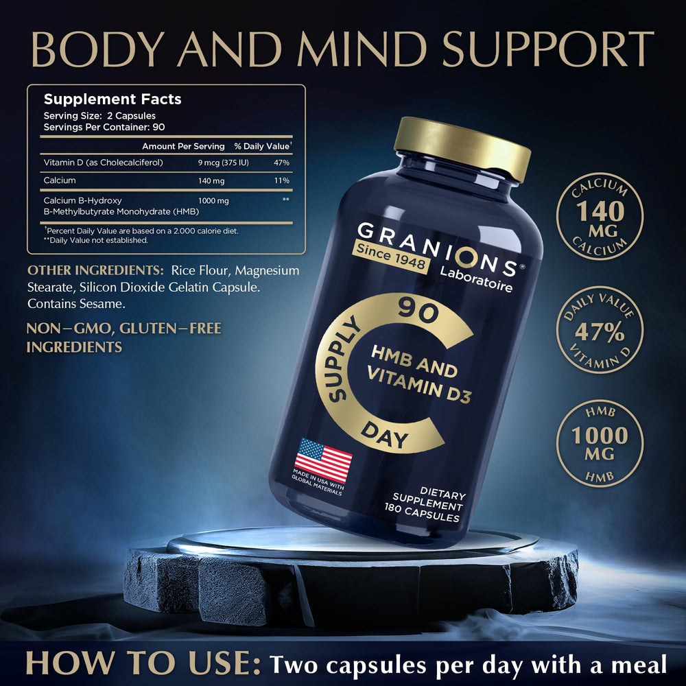 Granions HMB D3 capsules on desk ready for daily routine.