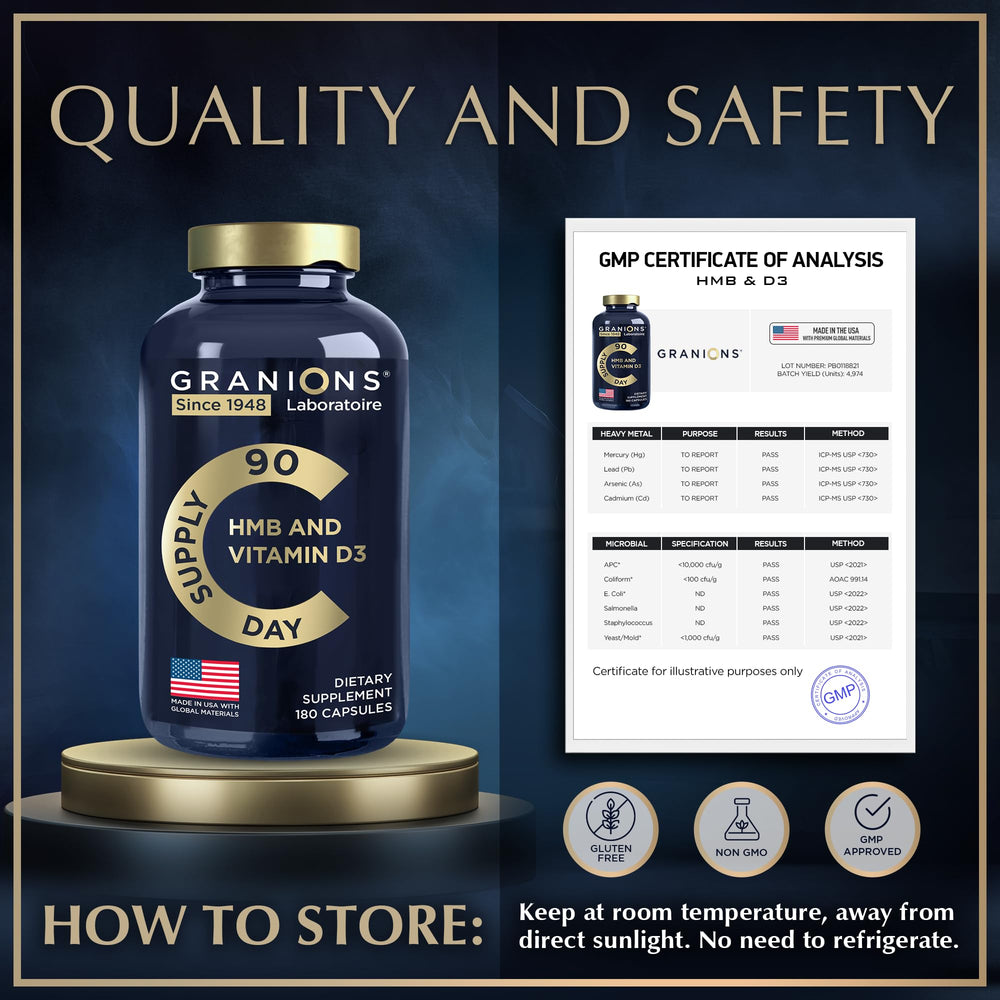 Granions HMB D3 capsules on shelf for on-the-go training.