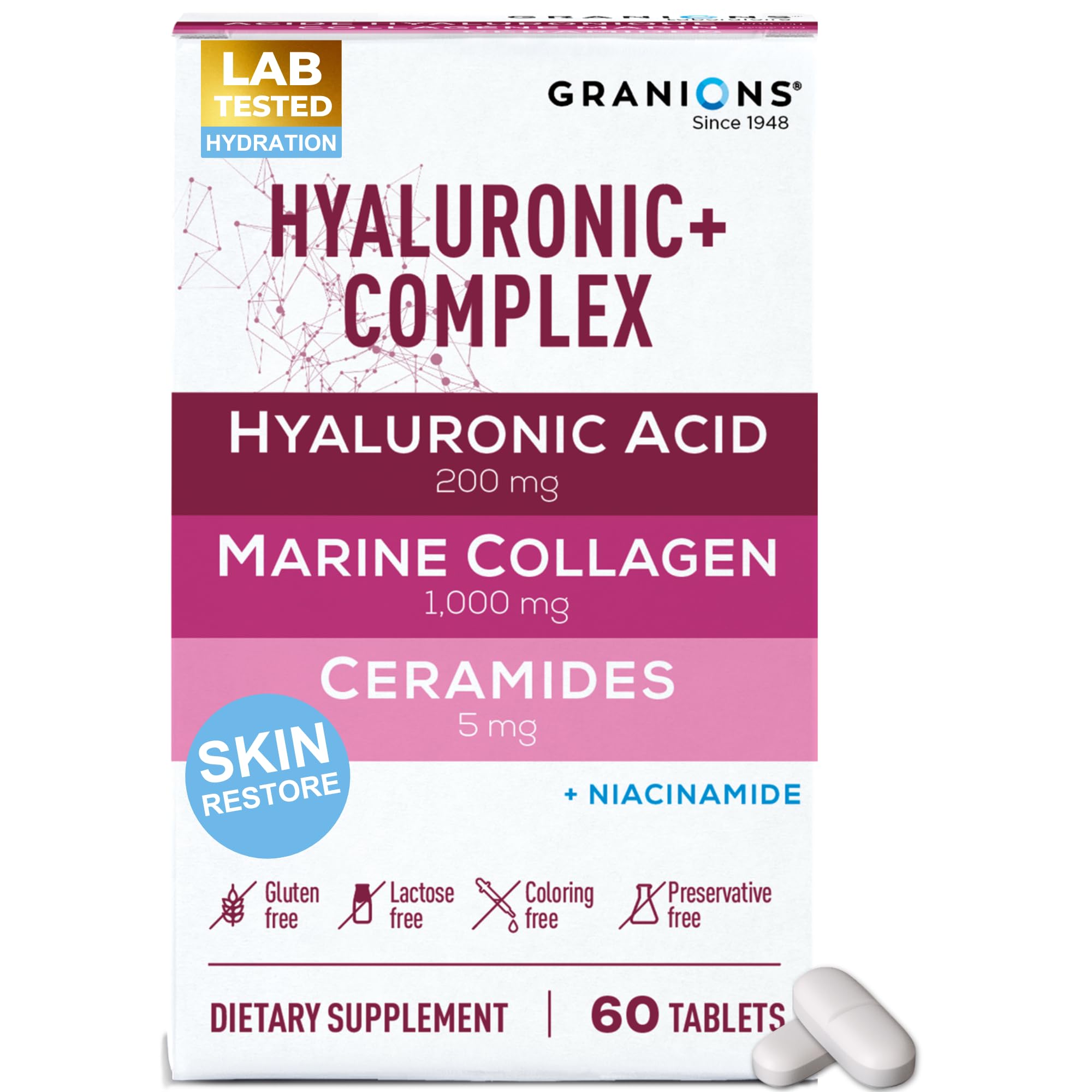 Granions Hyaluronic Acid Supplements 200mg bottle ready for daily hydration routine.