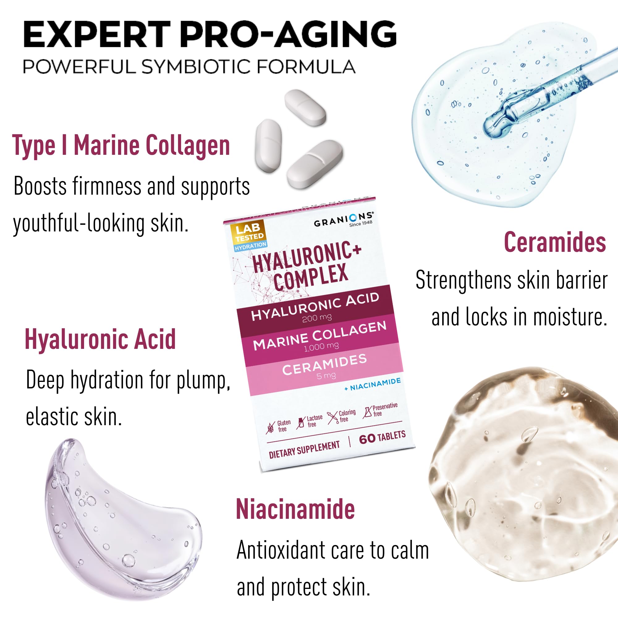 Granions Hyaluronic Acid Supplements 200mg pour showing easy daily dosing for skin hydration.