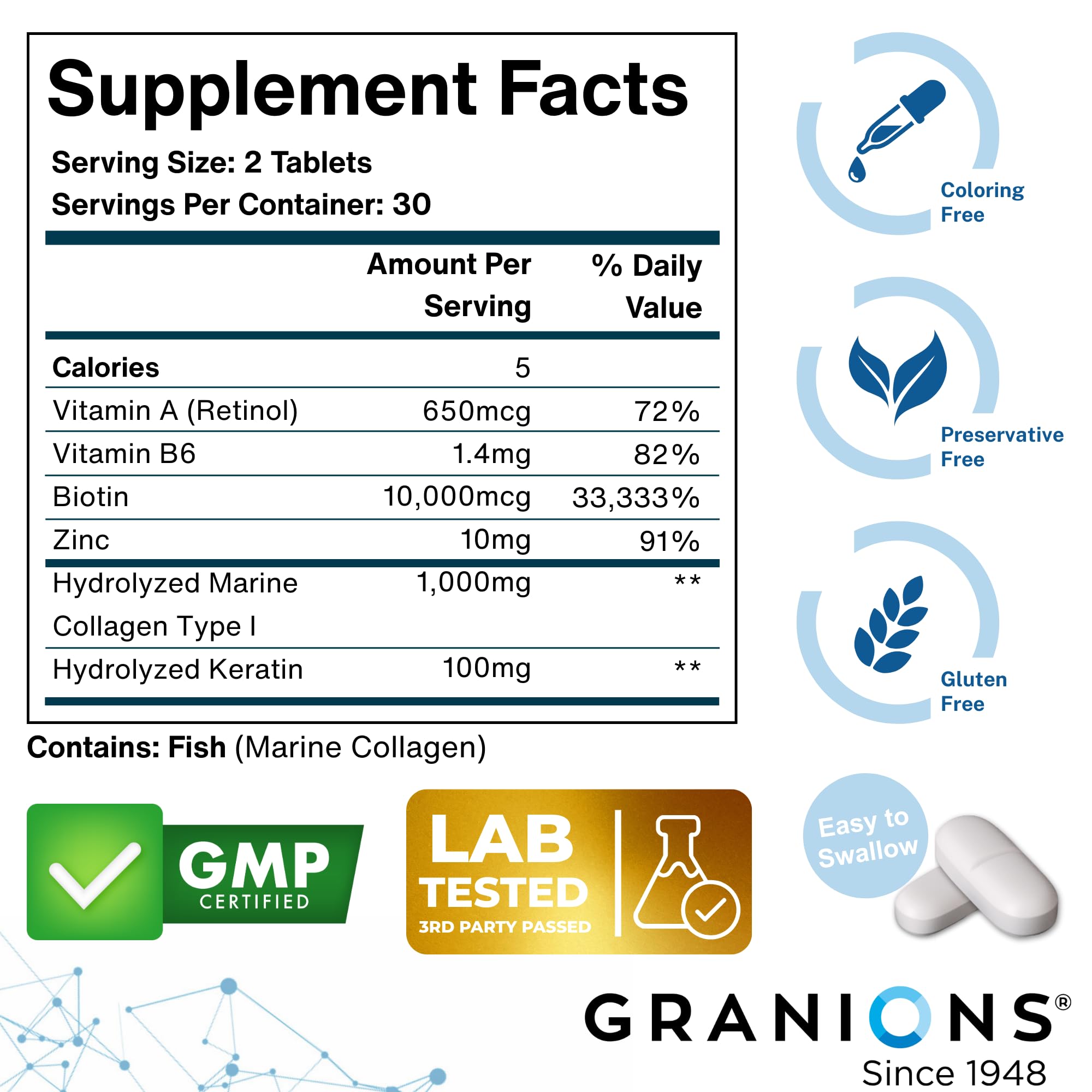 Granions ingredient label close-up highlighting marine collagen and essential vitamins.
