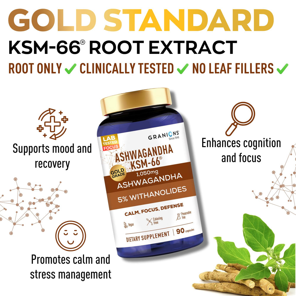 Granions KSM66 Ashwagandha capsules closeup showing vegan formula