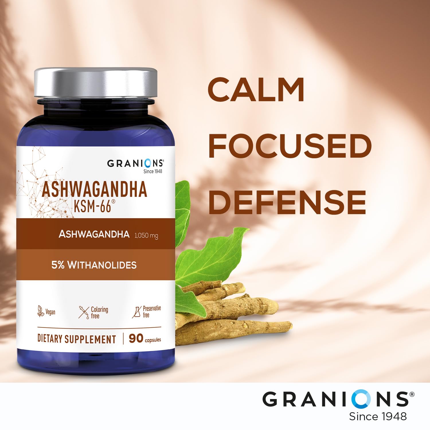 Granions KSM66 Ashwagandha vegan capsules on a bright counter