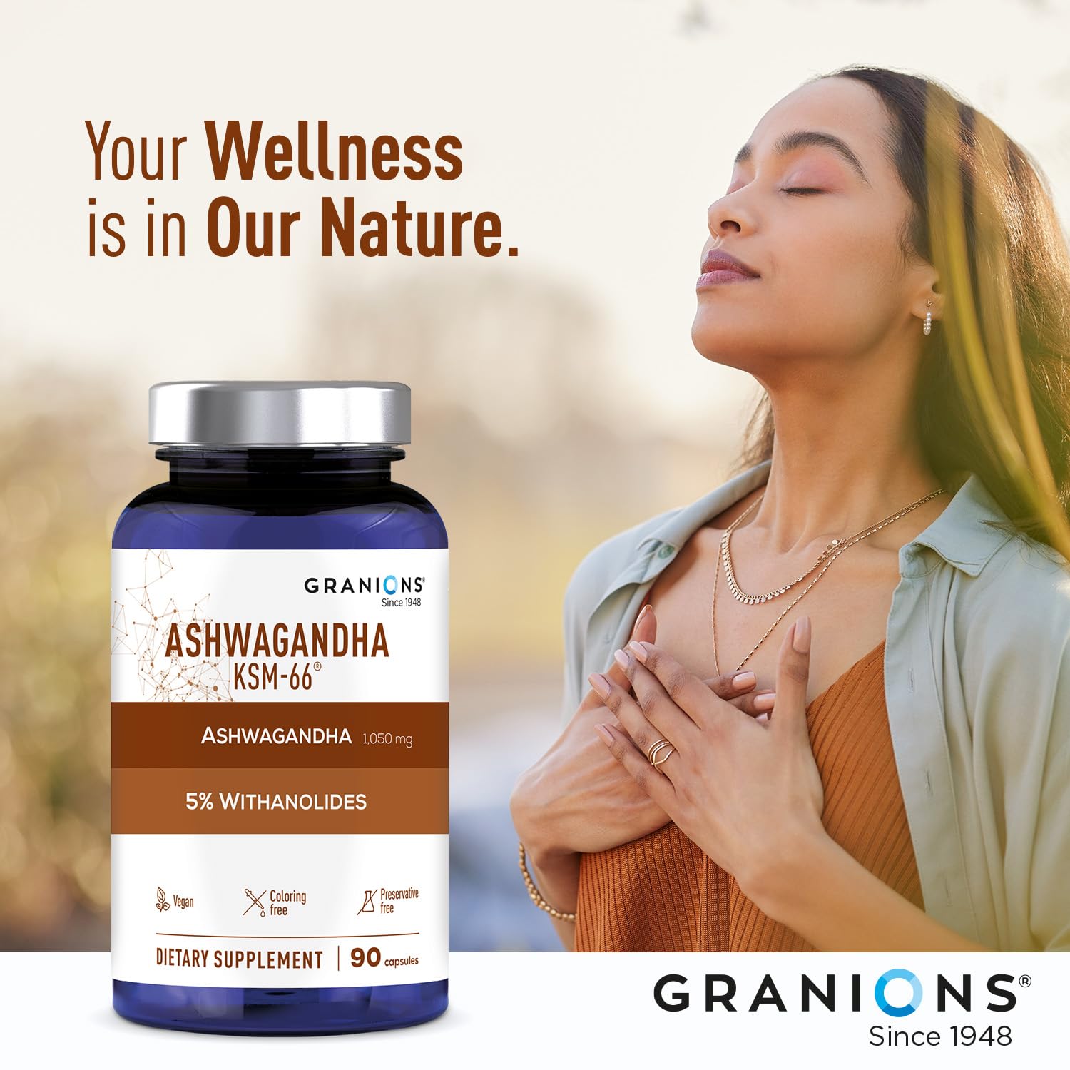Granions KSM66 Ashwagandha wellness scene promoting calm focus