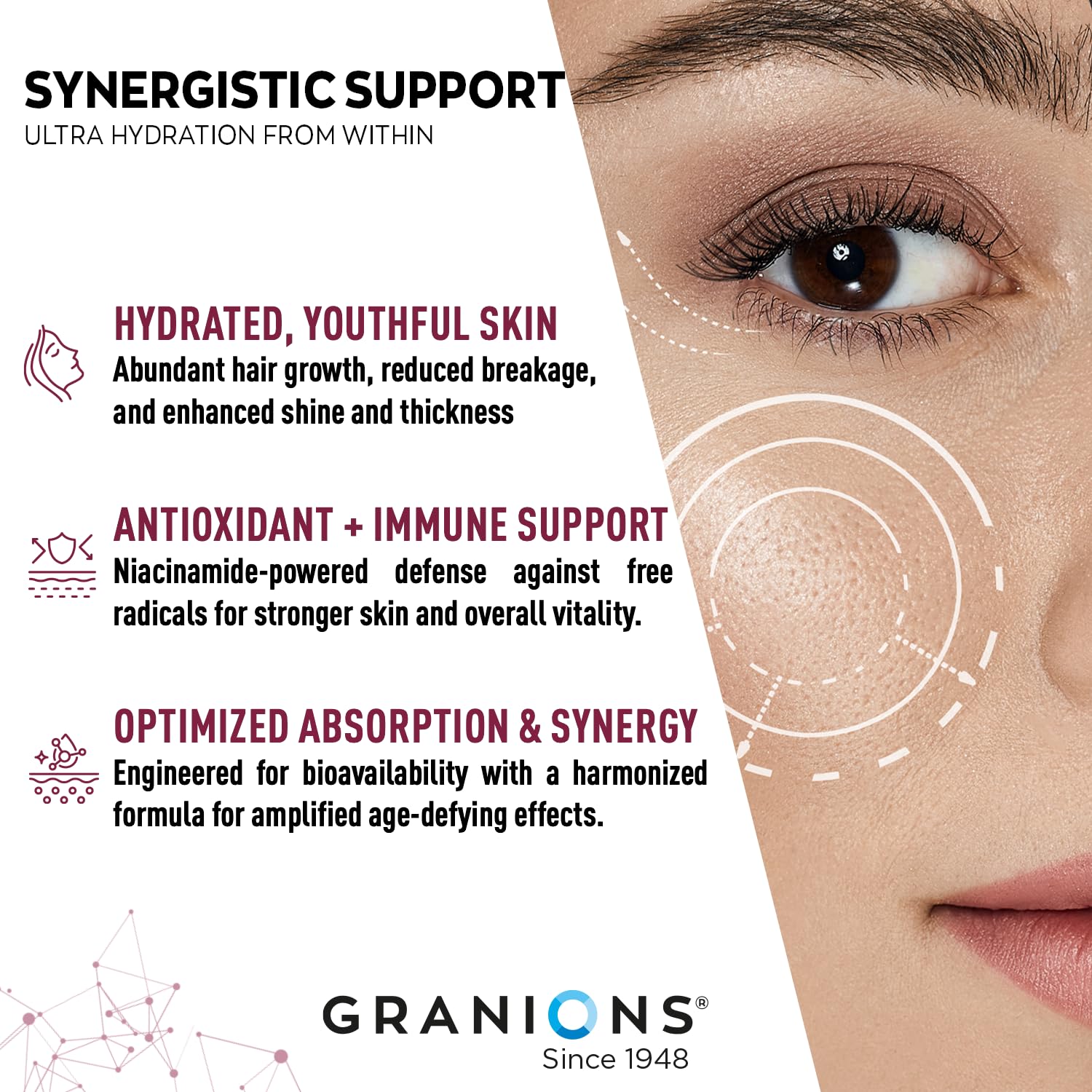 Granions Hyaluronic Acid bottle label close-up emphasizes collagen, ceramides, and hydration support.