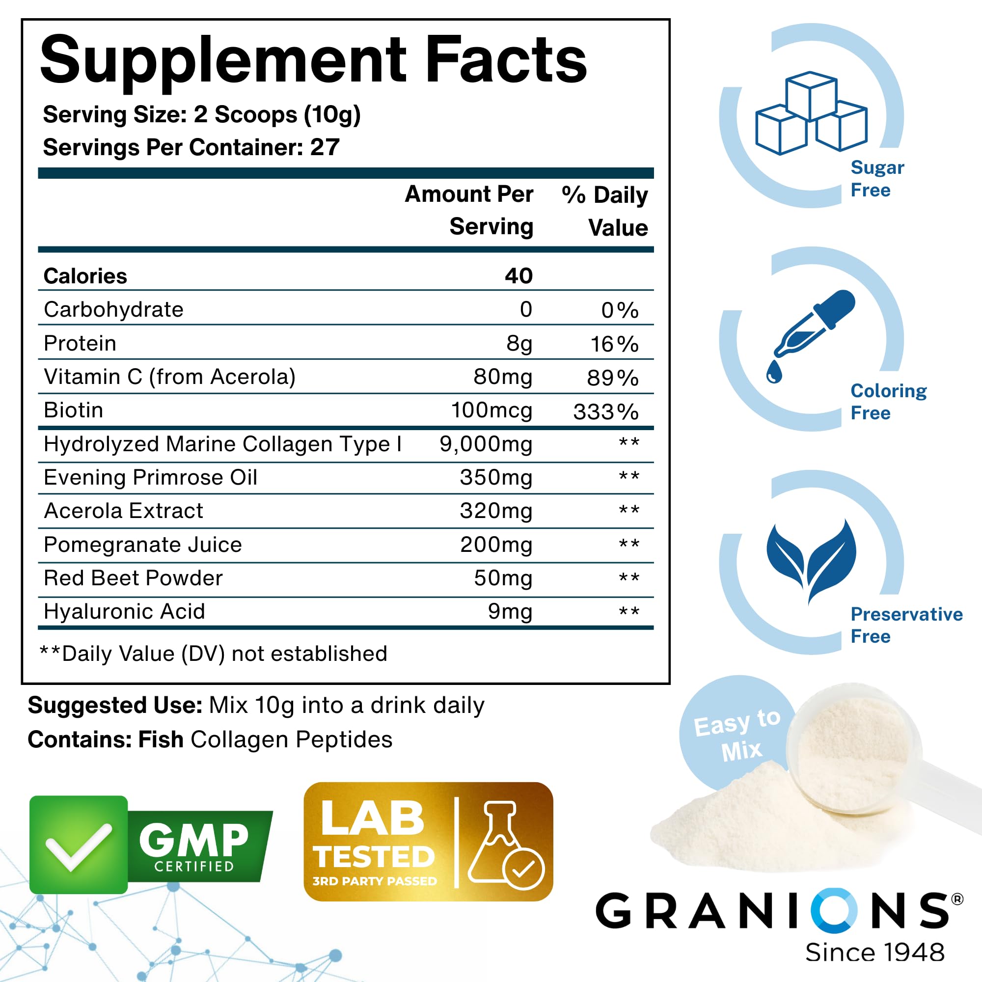 Granions Marine Collagen being mixed into a glass with a refreshing drink.