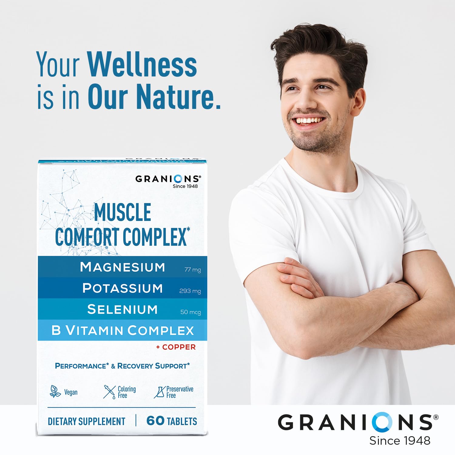 Granions Muscle Relaxer packaging highlighting a clean daily-use formula.