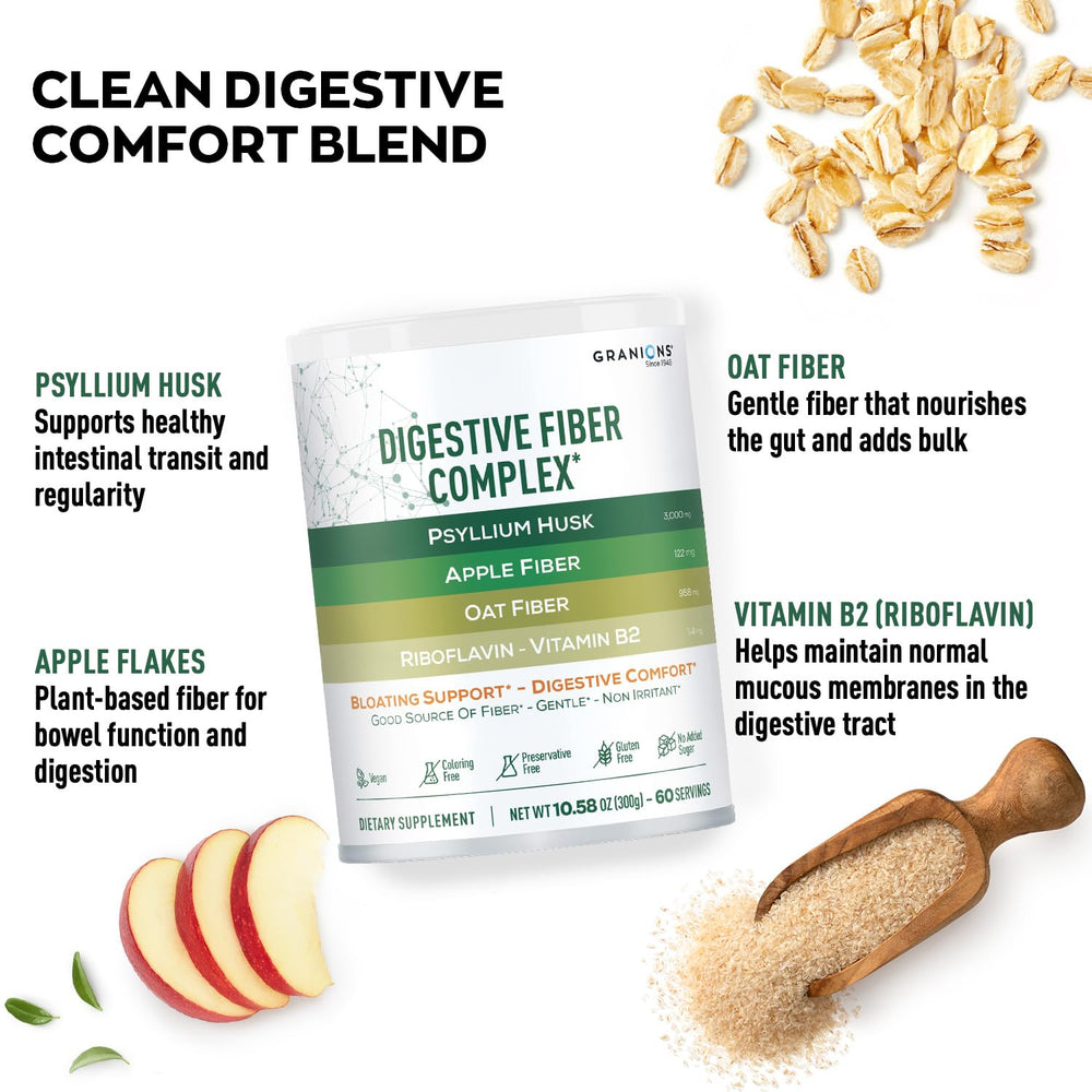 Granions psyllium powder being poured into a glass for easy daily use.