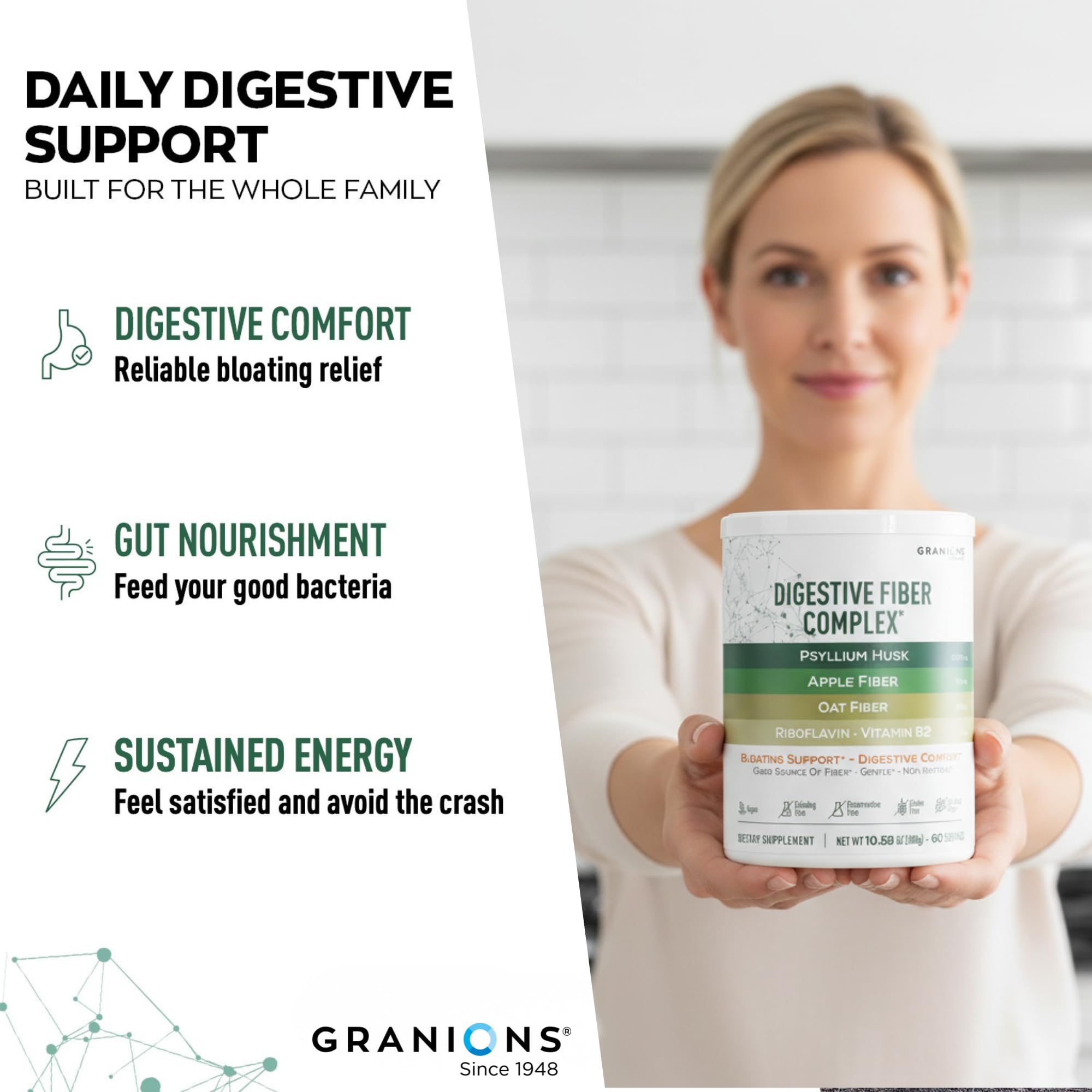 Granions psyllium husk powder stirred into a smoothie for gentle digestion.
