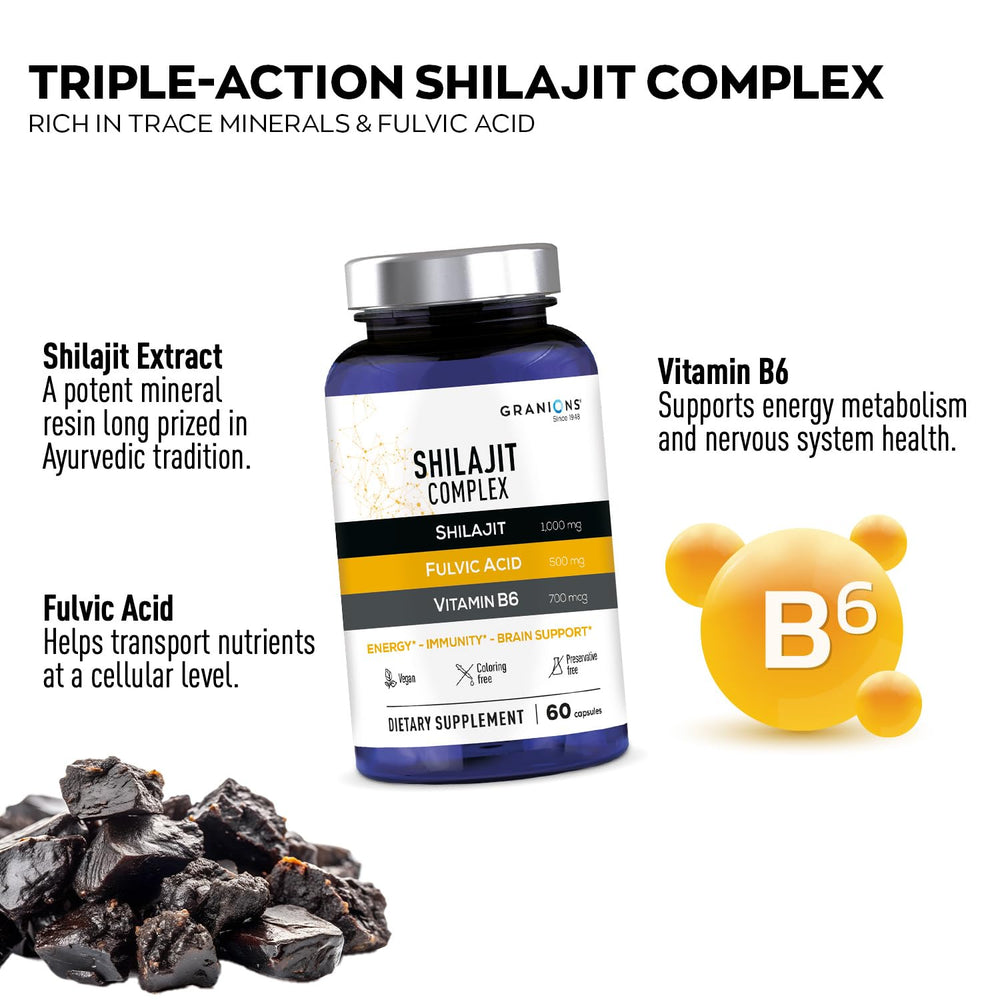 Granions pure shilajit capsules label closeup highlighting ingredients and potency.