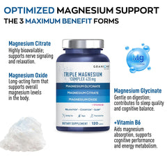 Granions Triple Magnesium Complex tablets showing a 420 mg daily dose.